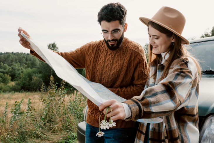 A couple looking at a map in Pasadena, CA