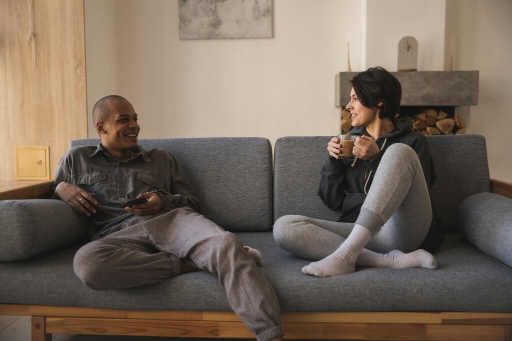 couple chatting in living room