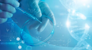 Scientist's gloved hand uses a pipette in a blue-tinted lab with molecular graphics overlayed in the foreground.