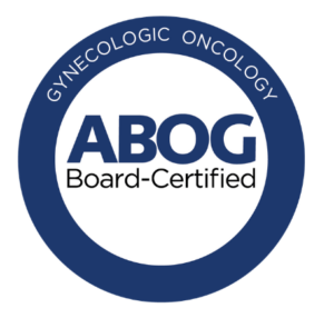 ABOG | LA IVF Clinic Circular blue certification badge: outer ring reads 'GYNECOLOGIC ONCOLOGY' and center shows 'ABOG Board-Certified'